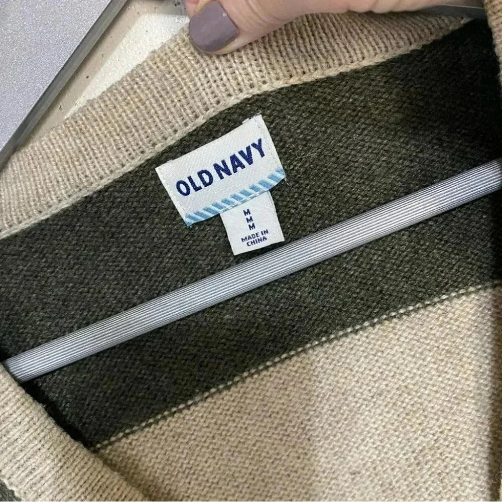 Old Navy Cardigan Sweater Medium Green Beige Striped Wool Blend V-Neck Button Up